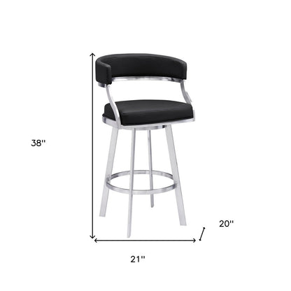26" Black And Silver Faux Leather And Faux Leather And Iron Low Back Counter Height Swivel Bar Chair