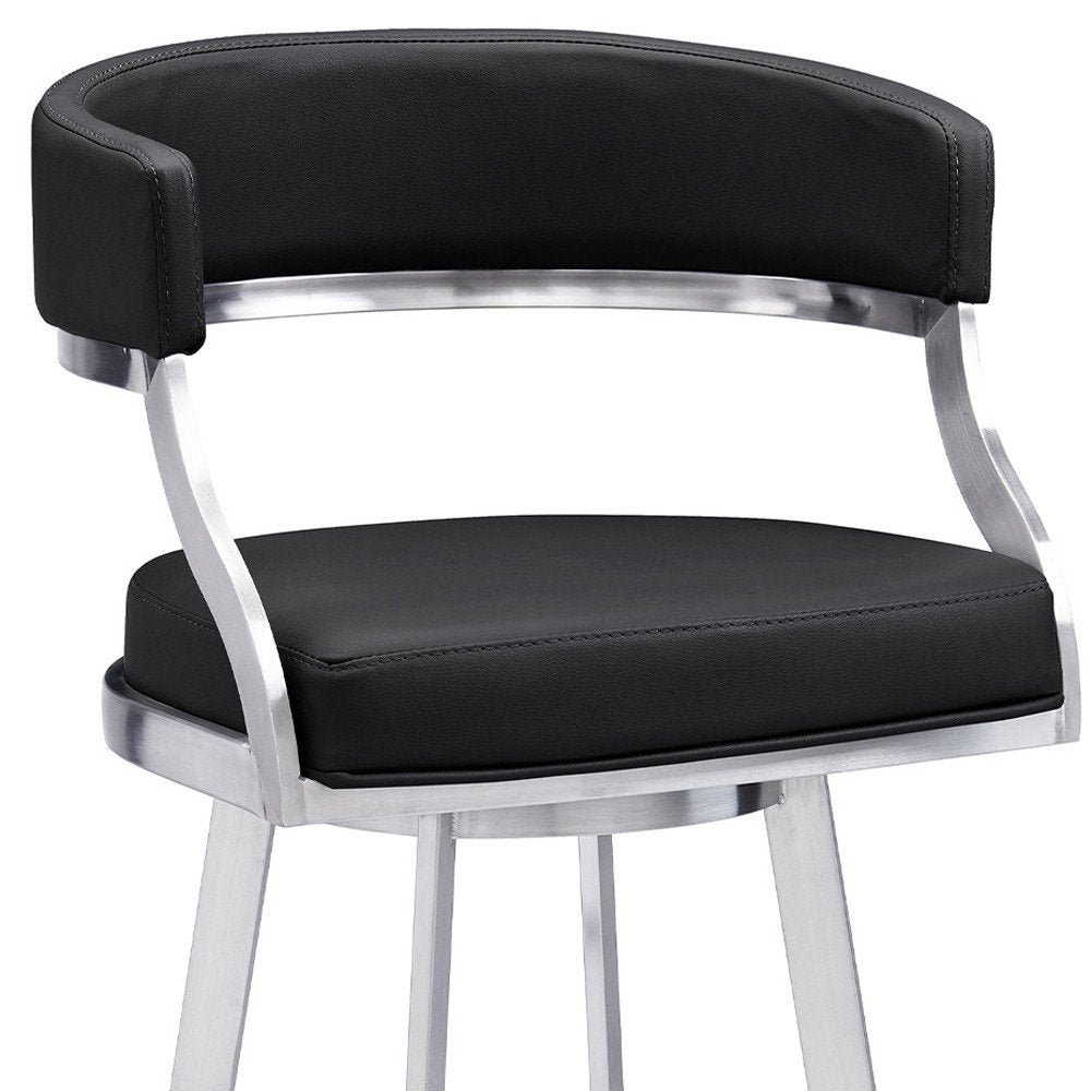 26" Black And Silver Faux Leather And Faux Leather And Iron Low Back Counter Height Swivel Bar Chair