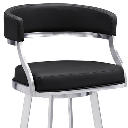 26" Black And Silver Faux Leather And Faux Leather And Iron Low Back Counter Height Swivel Bar Chair