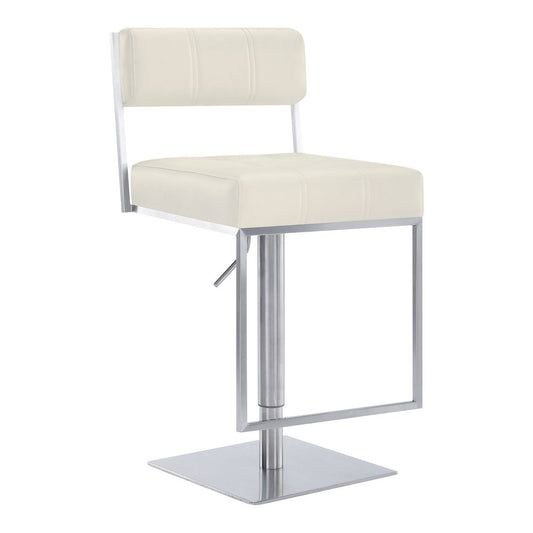 White And Silver Faux Leather And Faux Leather And Iron Low Back Adjustable Height Swivel Bar Chair