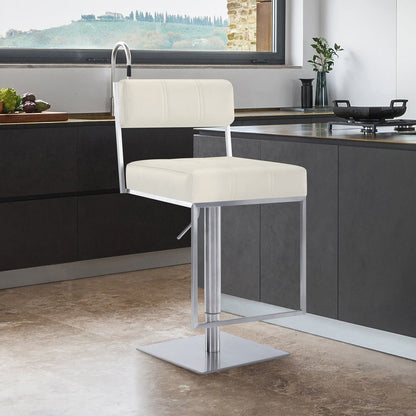 White And Silver Faux Leather And Faux Leather And Iron Low Back Adjustable Height Swivel Bar Chair