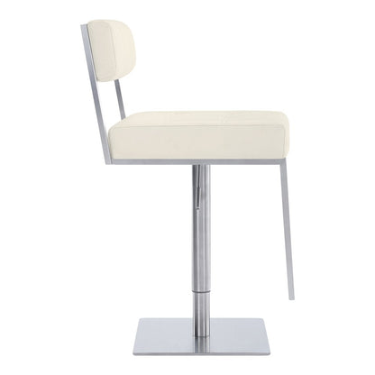 White And Silver Faux Leather And Faux Leather And Iron Low Back Adjustable Height Swivel Bar Chair