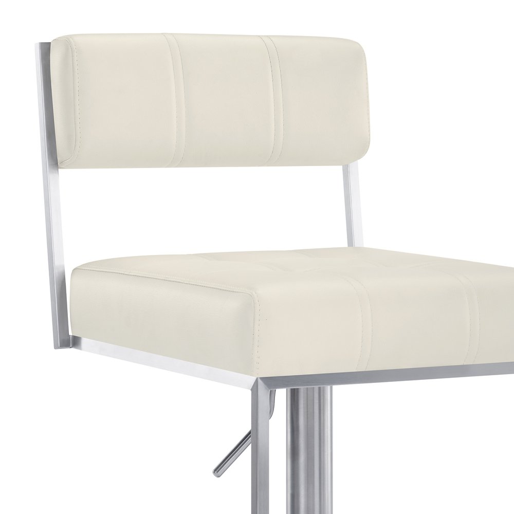 White And Silver Faux Leather And Faux Leather And Iron Low Back Adjustable Height Swivel Bar Chair