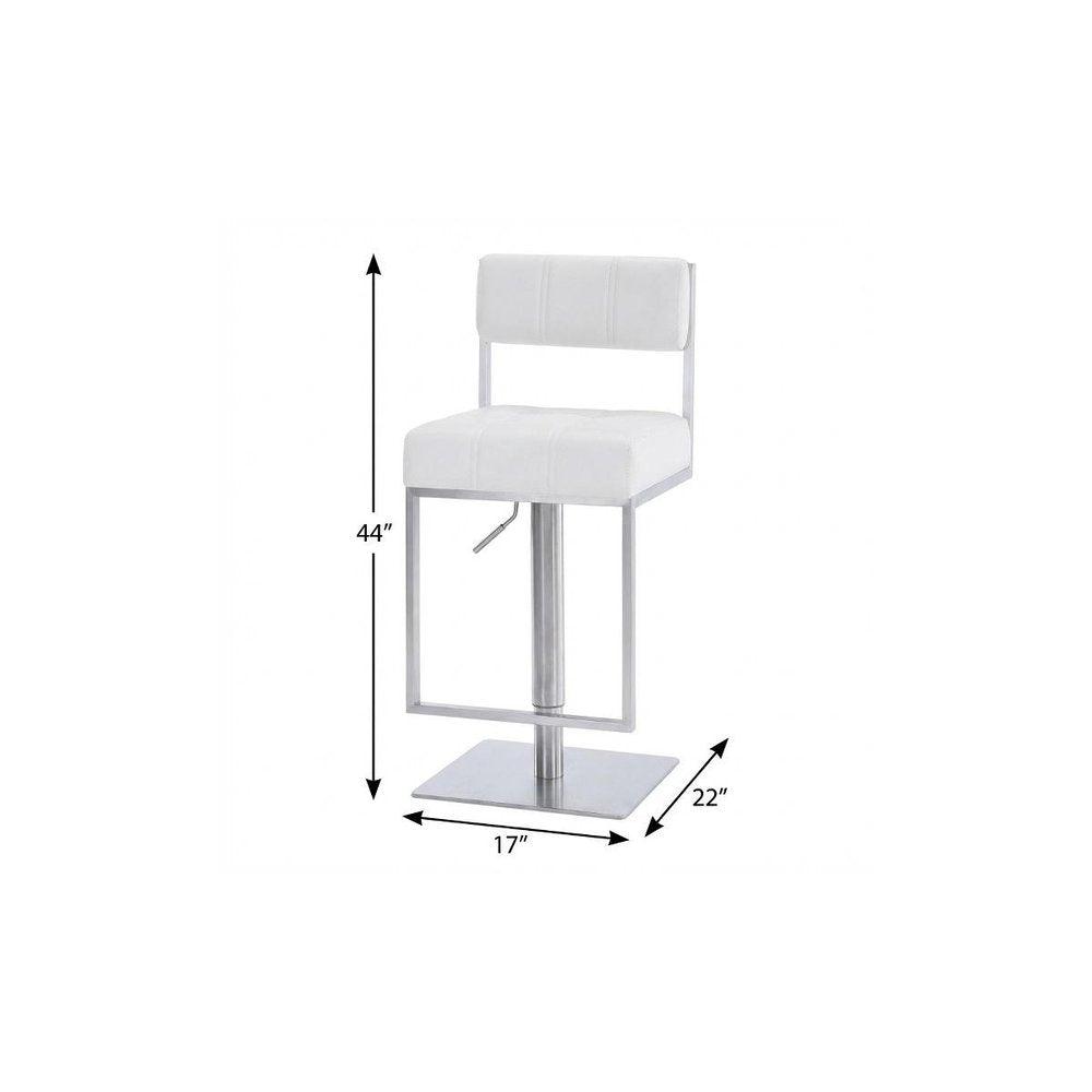 White And Silver Faux Leather And Faux Leather And Iron Low Back Adjustable Height Swivel Bar Chair