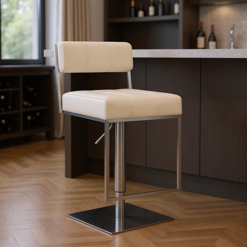 White And Silver Faux Leather And Faux Leather And Iron Low Back Adjustable Height Swivel Bar Chair