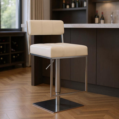 White And Silver Faux Leather And Faux Leather And Iron Low Back Adjustable Height Swivel Bar Chair
