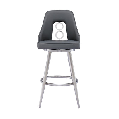 26" Gray And Silver Faux Leather And Iron Swivel Counter Height Bar Chair