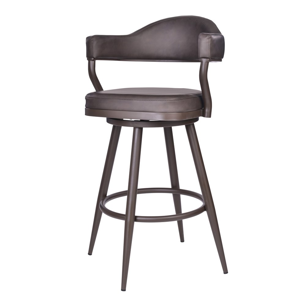 26" Brown Faux Leather And Iron Counter Height Swivel Bar Chair