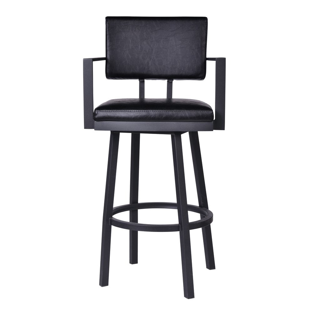 26" Black Faux Leather And Iron Counter Height Swivel Bar Chair