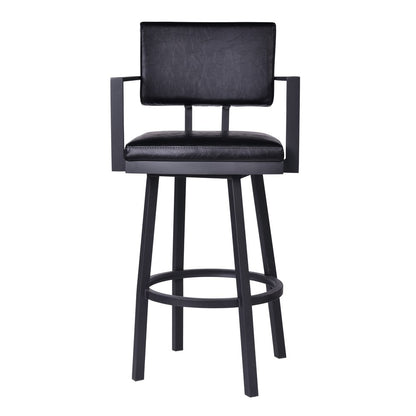 26" Black Faux Leather And Iron Counter Height Swivel Bar Chair