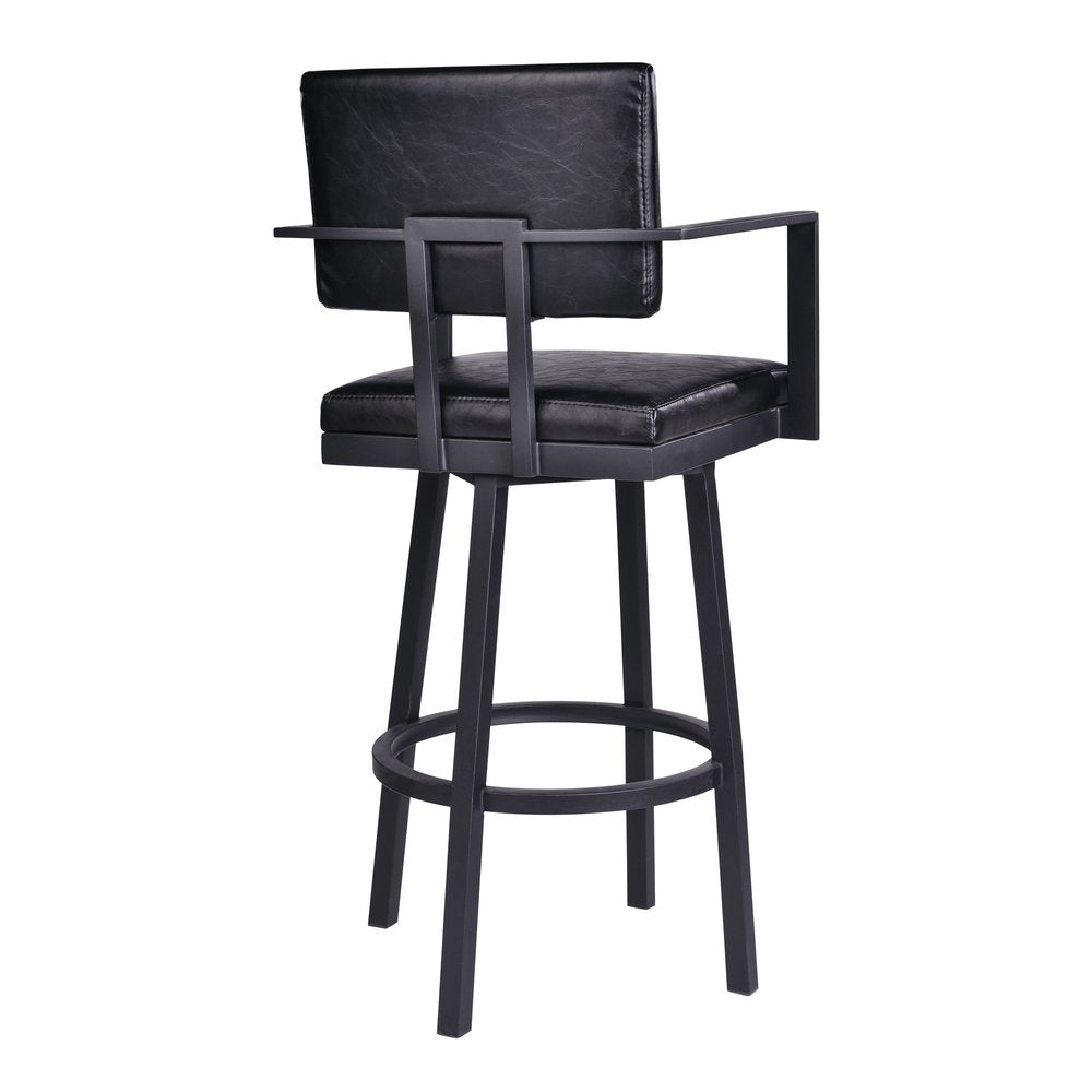 26" Black Faux Leather And Iron Counter Height Swivel Bar Chair