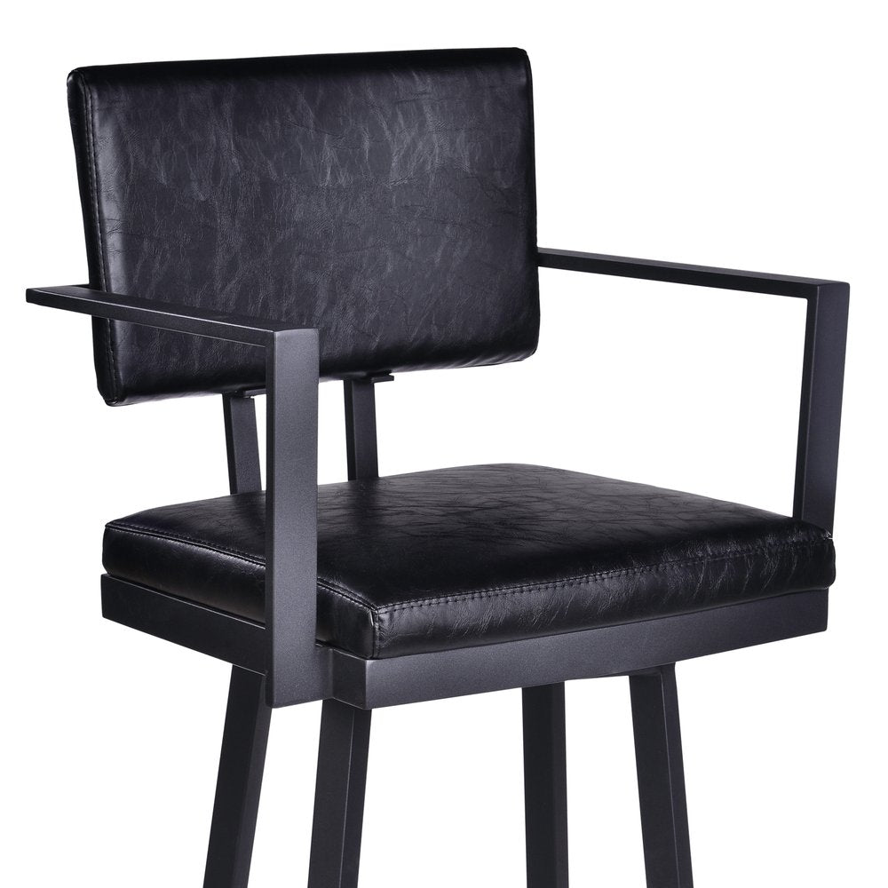 26" Black Faux Leather And Iron Counter Height Swivel Bar Chair
