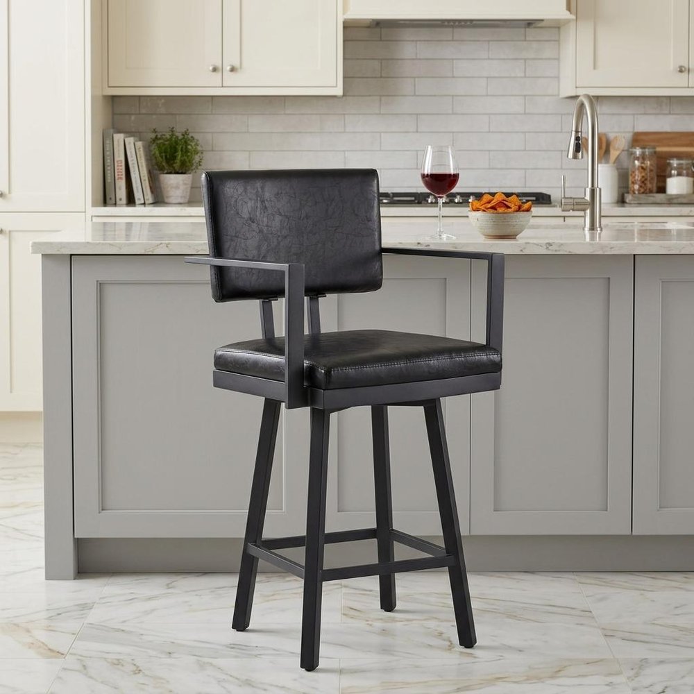 26" Black Faux Leather and Iron Counter Height Swivel Bar Chair