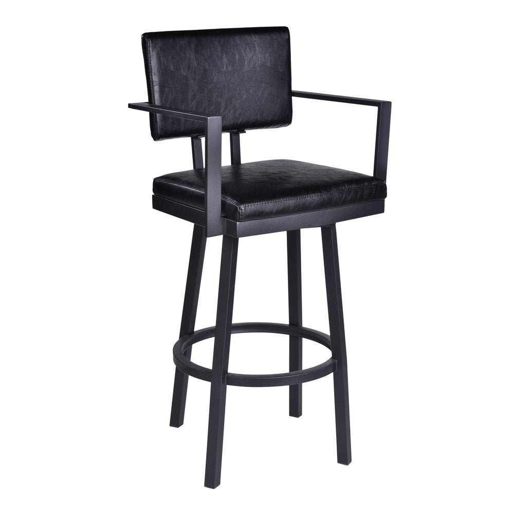 26" Black Faux Leather And Iron Counter Height Swivel Bar Chair
