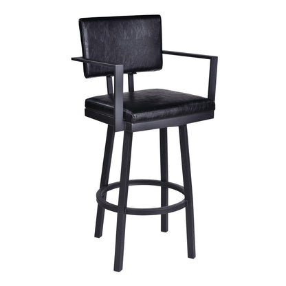 26" Black Faux Leather And Iron Counter Height Swivel Bar Chair