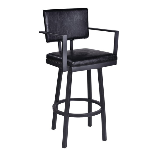 26" Black Faux Leather And Iron Counter Height Swivel Bar Chair