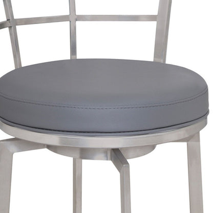 26" Gray And Silver Faux Leather And Fabric And Iron Low Back Counter Height Swivel Bar Chair