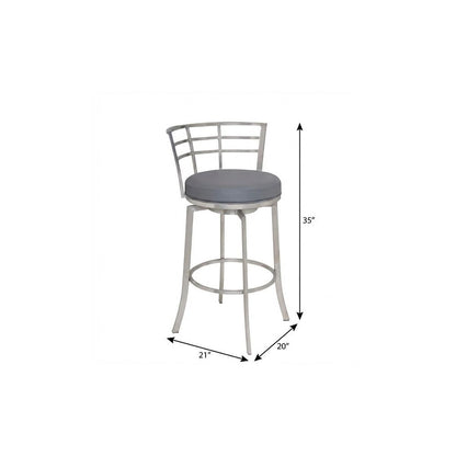 26" Gray And Silver Faux Leather And Iron Swivel Low Back Counter Height Bar Chair