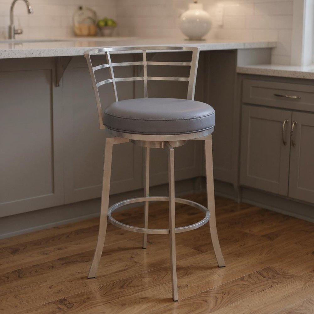 26" Gray And Silver Faux Leather And Fabric And Iron Low Back Counter Height Swivel Bar Chair