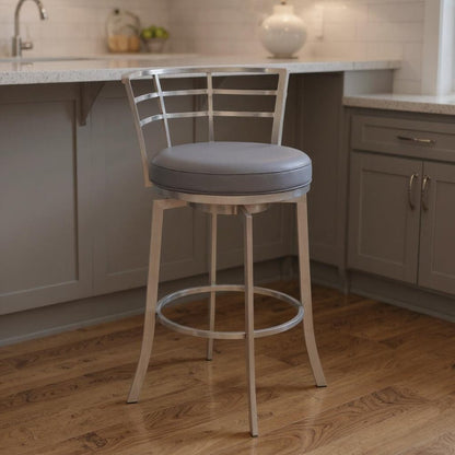 26" Gray And Silver Faux Leather And Fabric And Iron Low Back Counter Height Swivel Bar Chair