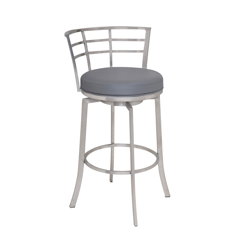 26" Gray And Silver Faux Leather And Fabric And Iron Low Back Counter Height Swivel Bar Chair