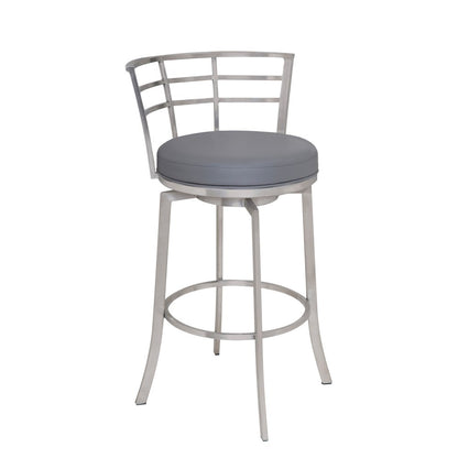 26" Gray And Silver Faux Leather And Fabric And Iron Low Back Counter Height Swivel Bar Chair