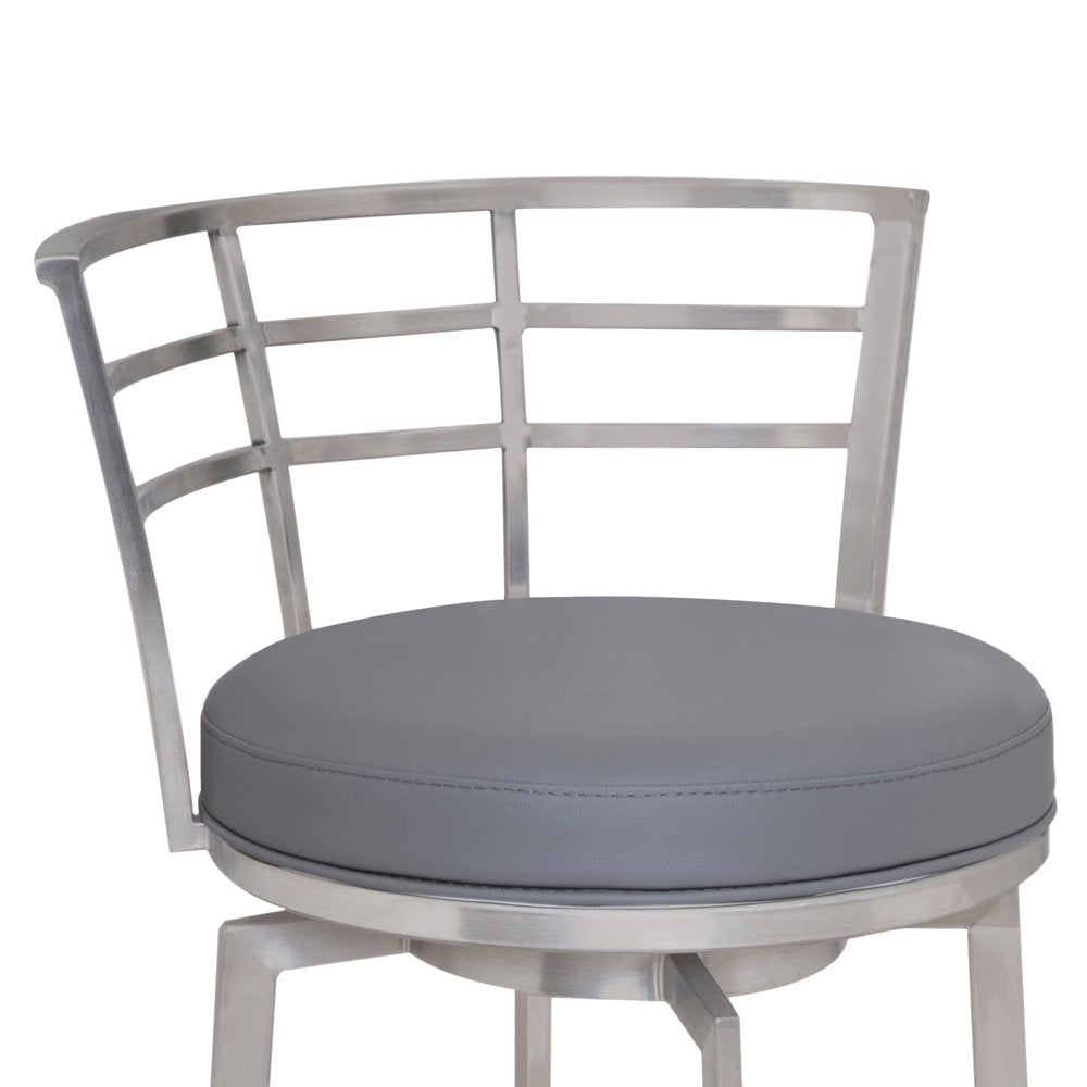 26" Gray And Silver Faux Leather And Fabric And Iron Low Back Counter Height Swivel Bar Chair