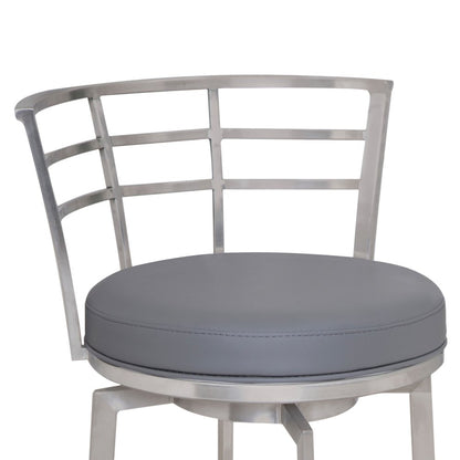 26" Gray And Silver Faux Leather And Fabric And Iron Low Back Counter Height Swivel Bar Chair