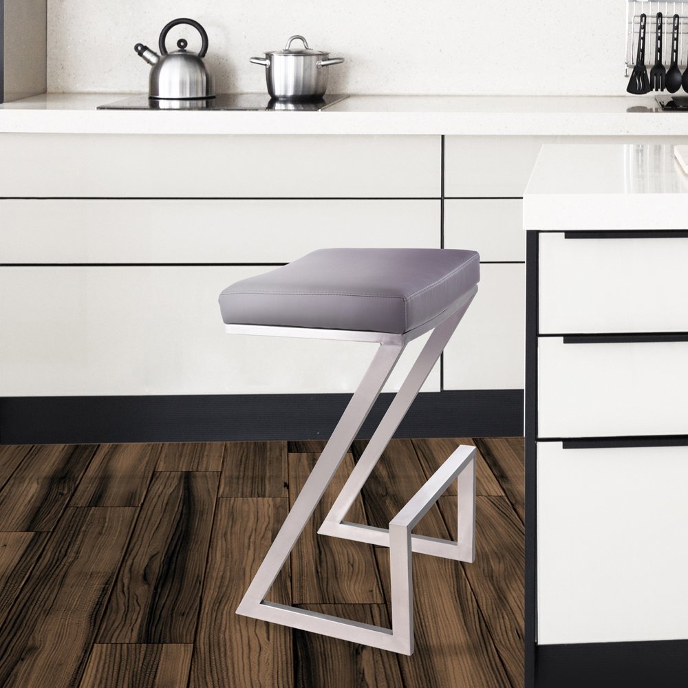 26" Gray And Silver Fabric And Iron Backless Counter Height Bar Chair