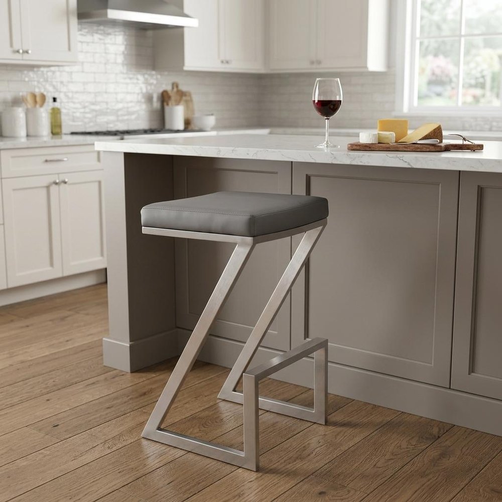 26" Gray And Silver Iron Backless Counter Height Bar Chair