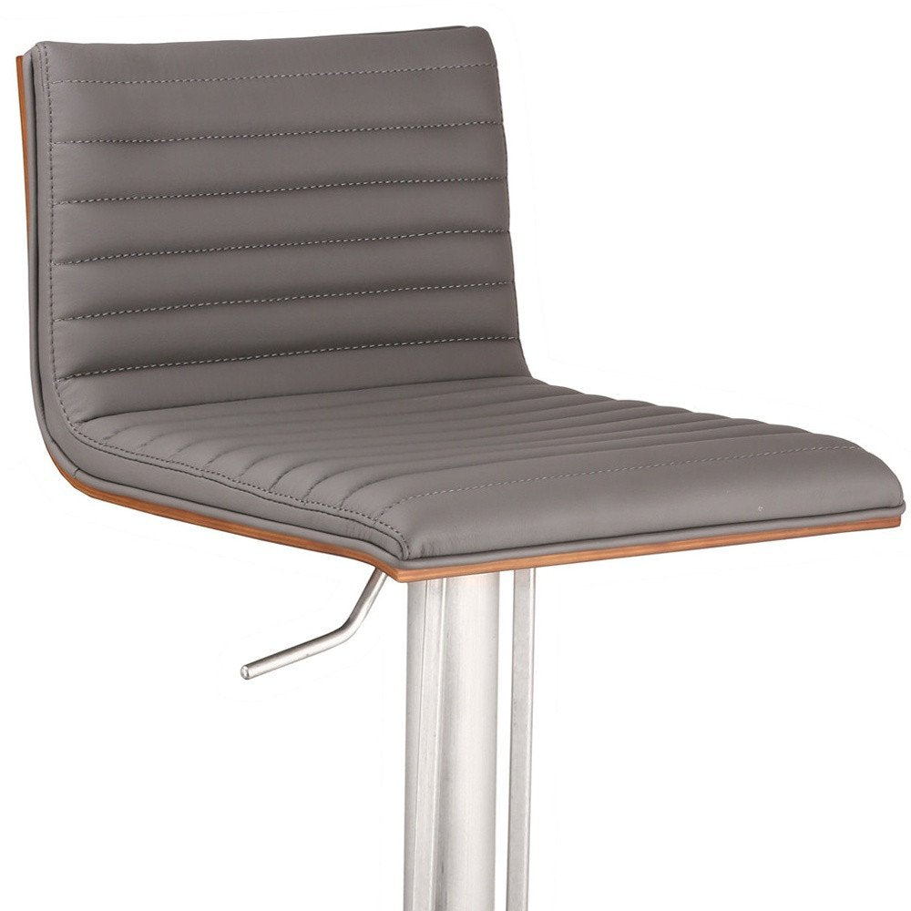 Gray And Silver Fabric And Faux Leather And Iron Low Back Adjustable Height Swivel Bar Chair