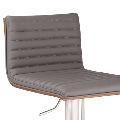 Gray And Silver Fabric And Faux Leather And Iron Low Back Adjustable Height Swivel Bar Chair