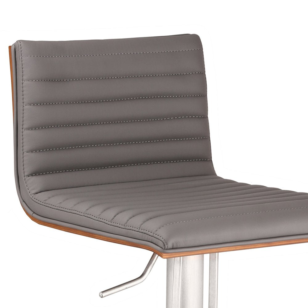Gray And Silver Fabric And Faux Leather And Iron Low Back Adjustable Height Swivel Bar Chair