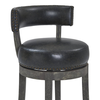 31" Onyx and Gray Faux Leather and Solid Wood Low Back Bar Height Swivel Bar Chair