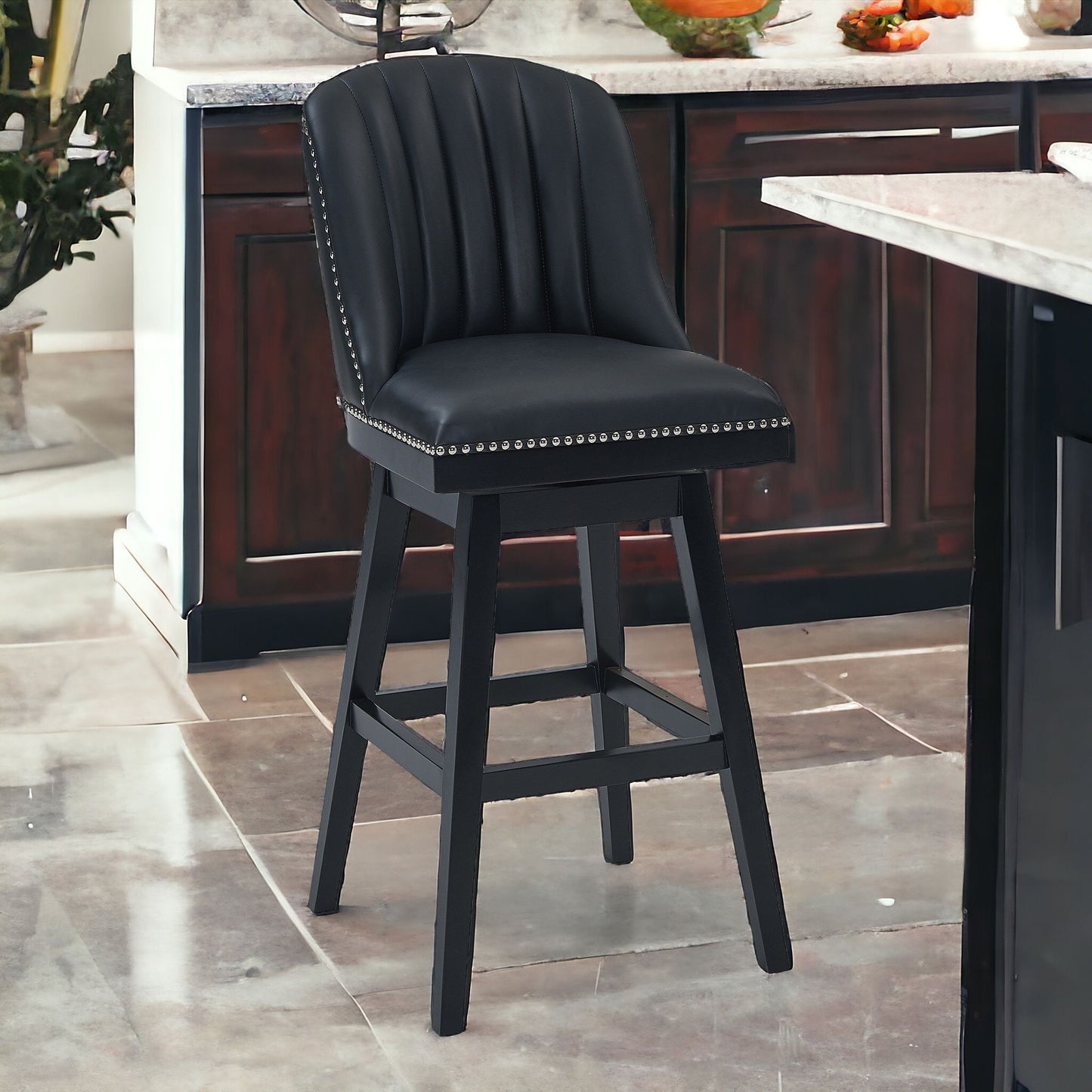 27" Black Solid Wood Swivel Counter Height Bar Chair