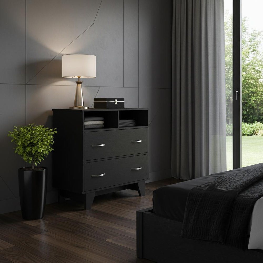 32" Black Wood Two Drawer Dresser