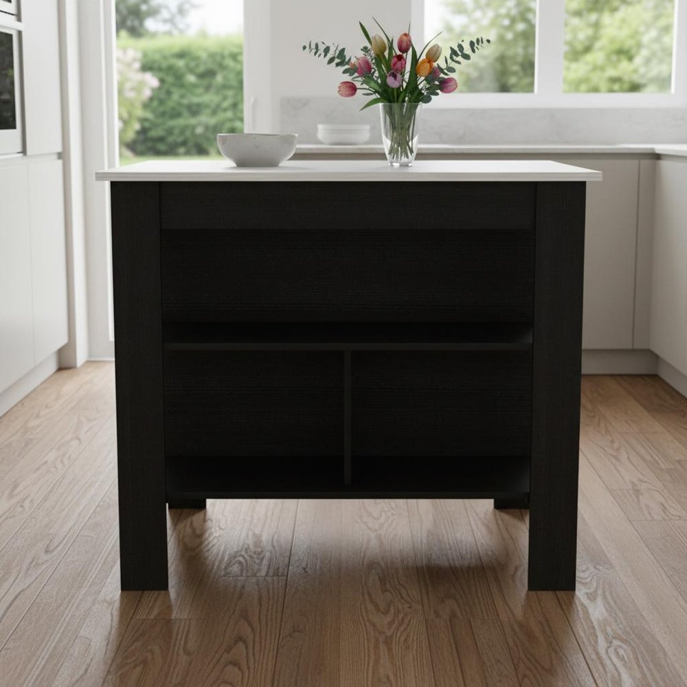 41" Ivory And Black Wood Kitchen Island With Storage