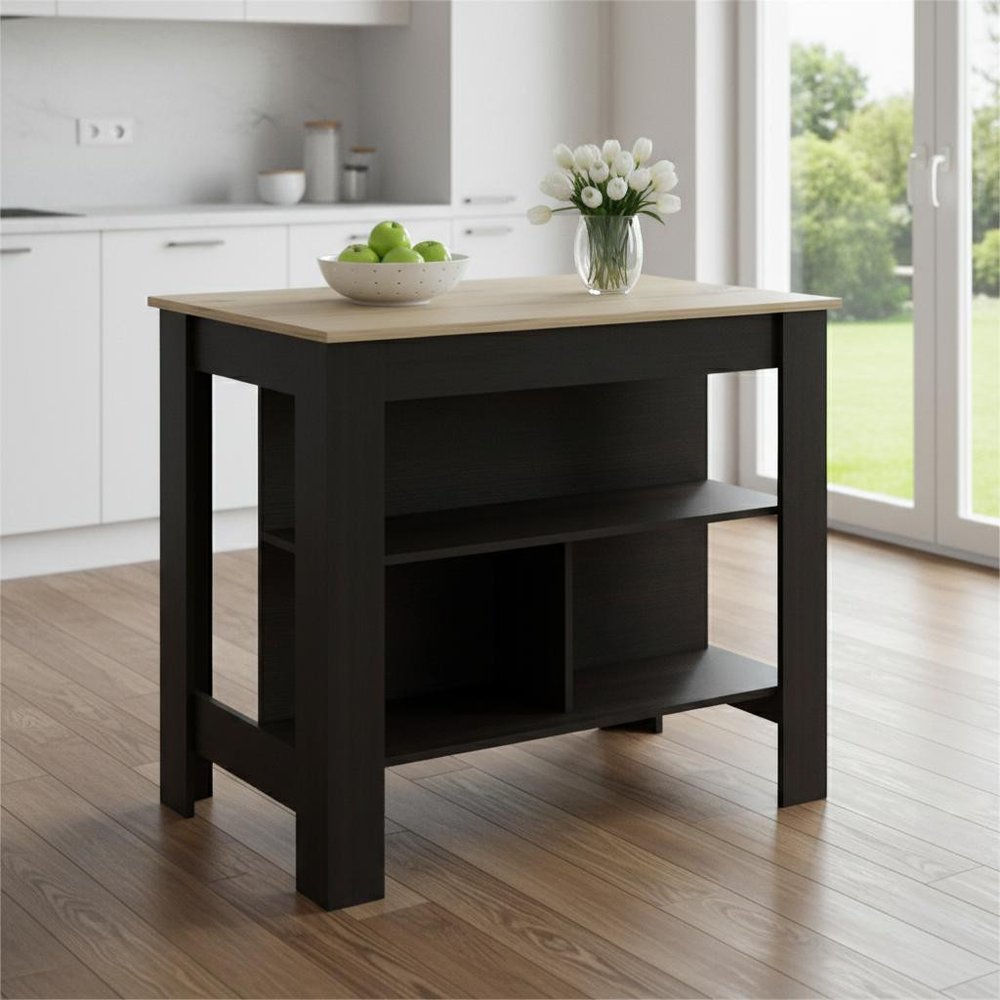 41" Natural And Black Wood Kitchen Island With Storage