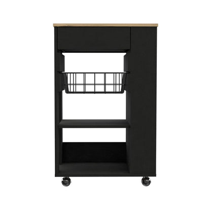 Black and Natural 22" Rolling Kitchen Cart With Storage