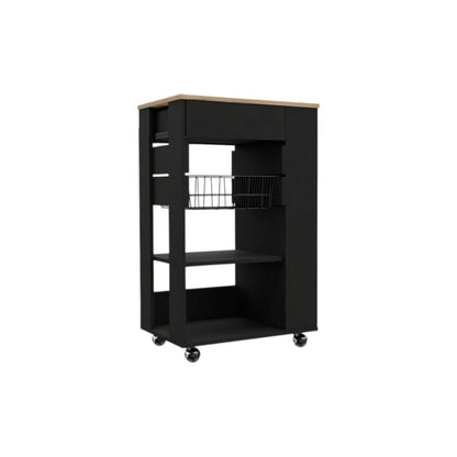 Black and Natural 22" Rolling Kitchen Cart With Storage