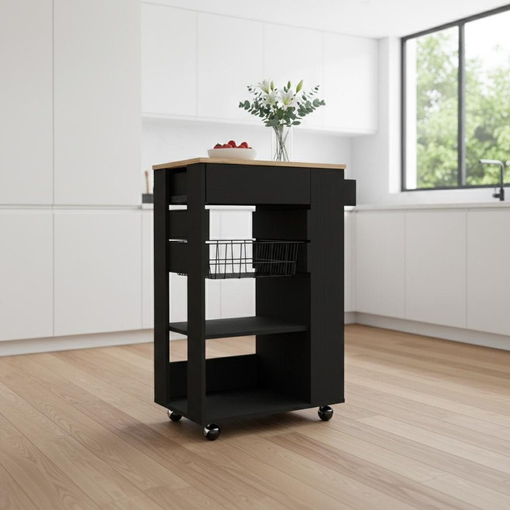 22" Natural And Black Wood Rolling Kitchen Cart With Storage