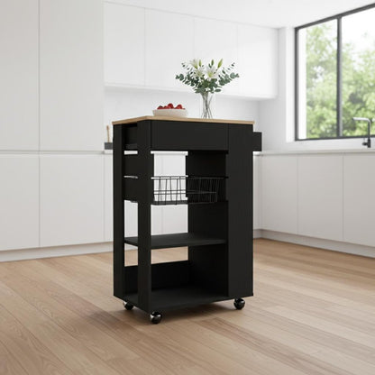 22" Natural And Black Wood Rolling Kitchen Cart With Storage