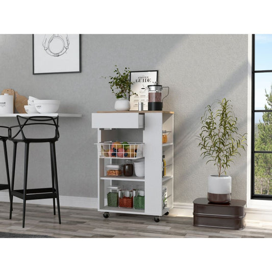 Sleek White and Light Oak Portable Kitchen Cart