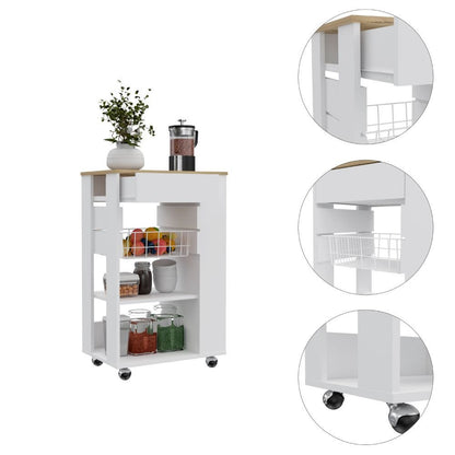 White and Brown 22" Rolling Kitchen Cart With Storage