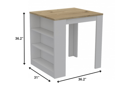 Stylish White and Pine Kitchen Counter and Dining Table Combination