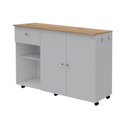 54" Natural and White Wood Flat Door Rolling Kitchen Island With Storage