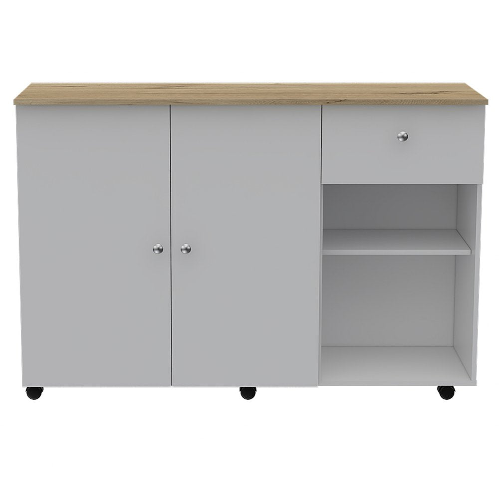 White and Natural 54" Rolling Kitchen Island With Storage