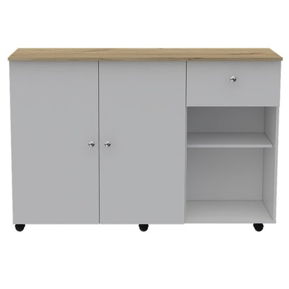 White and Natural 54" Rolling Kitchen Island With Storage