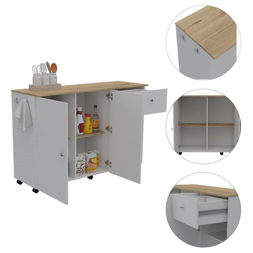White and Natural 54" Rolling Kitchen Island With Storage