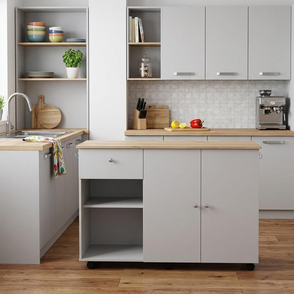 54" Natural and White Wood Flat Door Rolling Kitchen Island With Storage